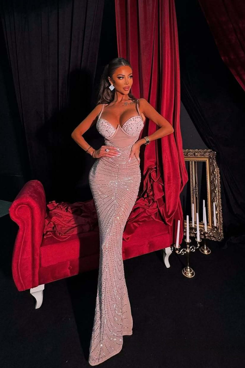 Rhinestone V-Neck Cami Ruched Fishtail Party Dress