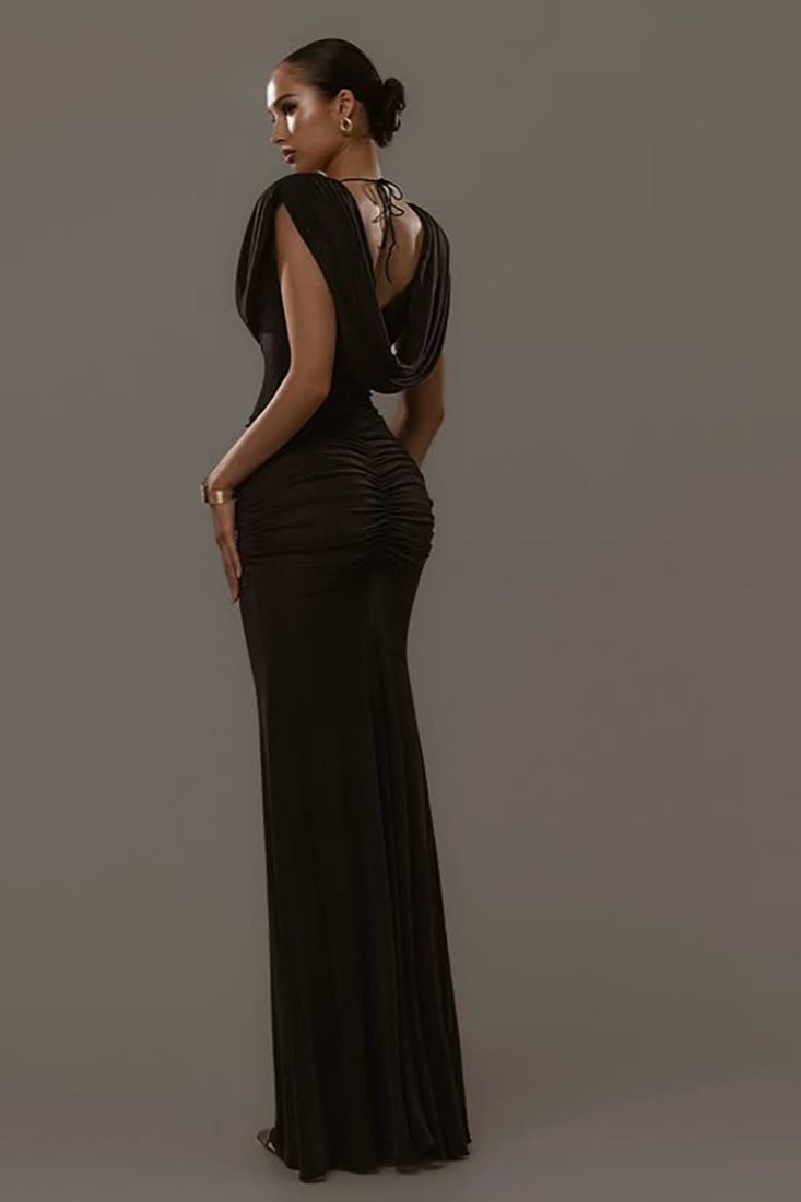Solid Cowl Neck Ruched Waist Cinch Party Dress