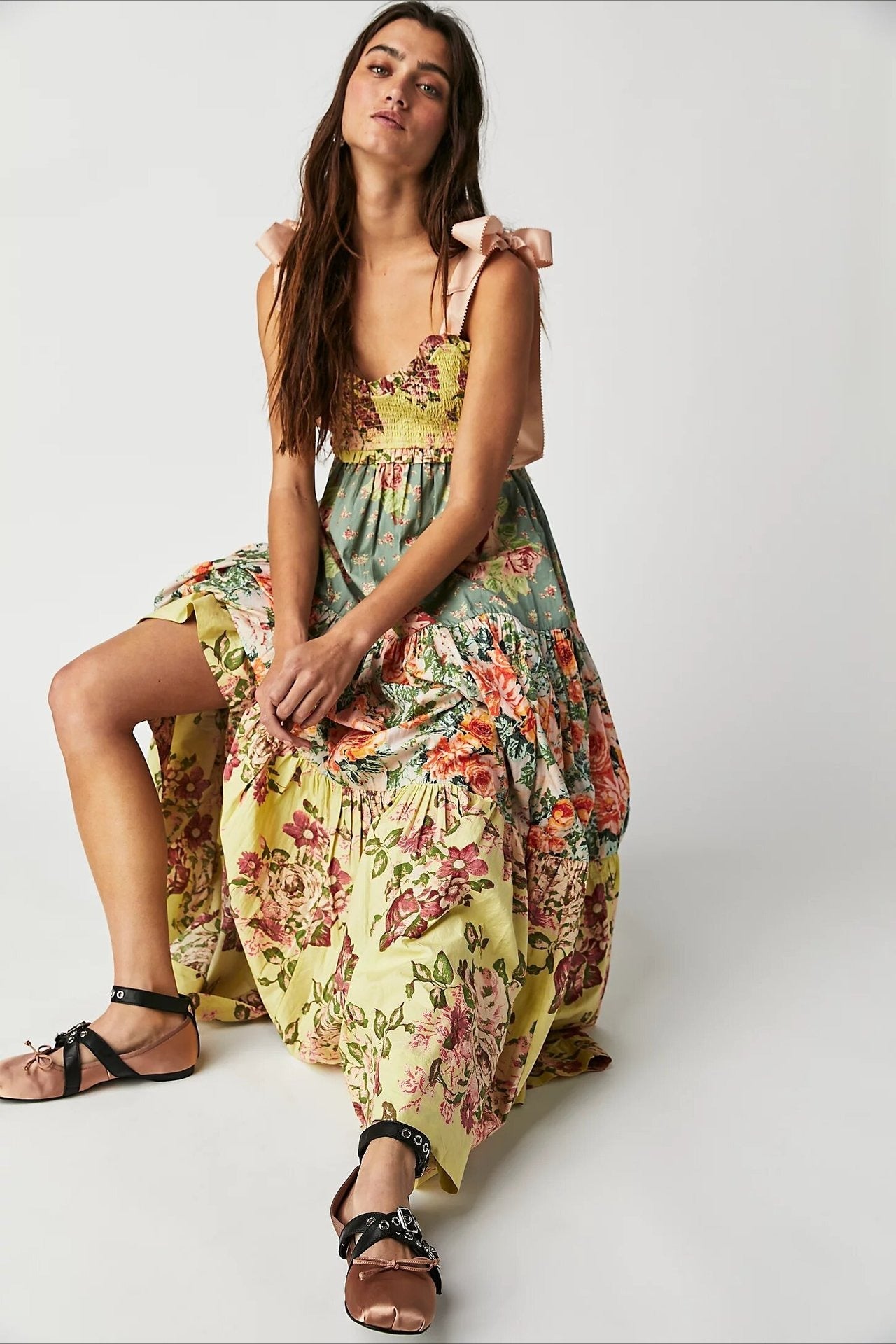 Smocked Sweetheart Bow Shoulder Strap Patchwork Floral Tiered Maxi Dress 8