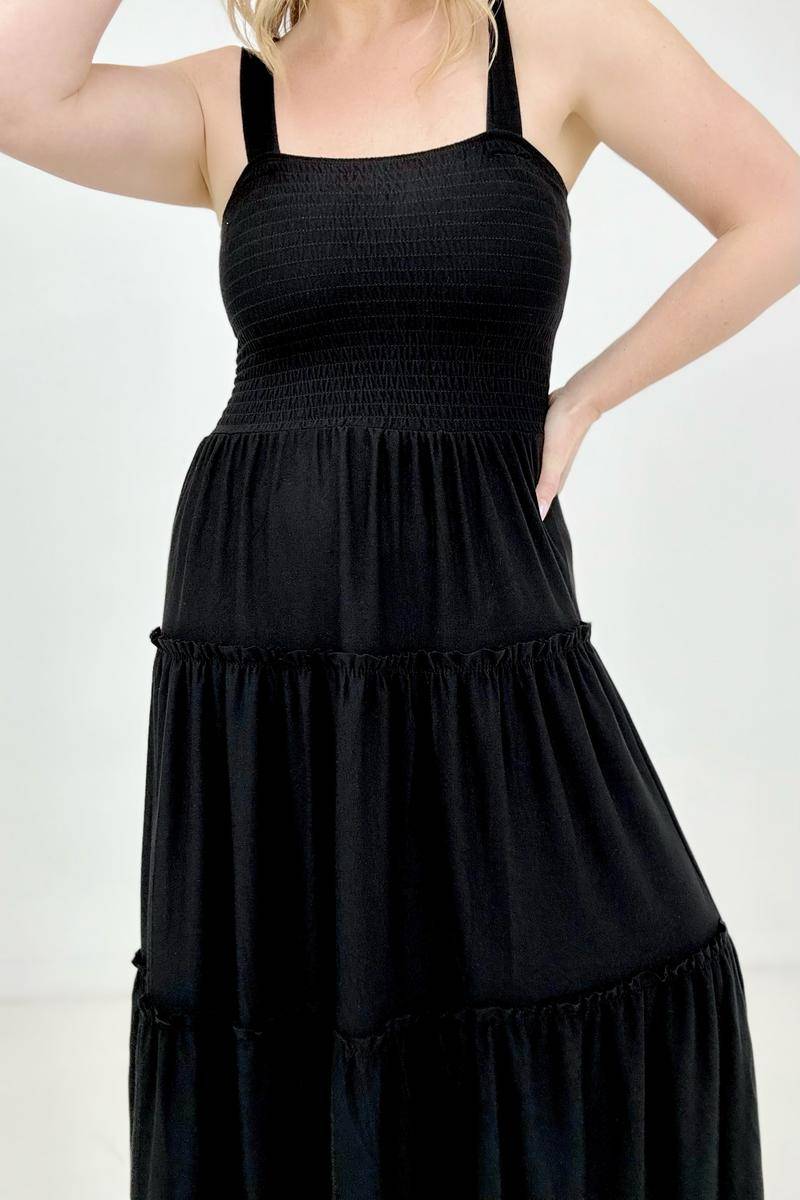 Square Neck Smocked Tiered A-Line Maxi Dress