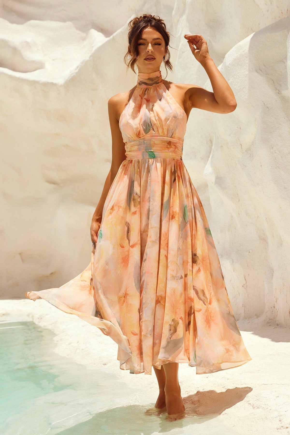 Halter Neck Watercolor Floral Chiffon Ruched Waist Flowy Midi Dress