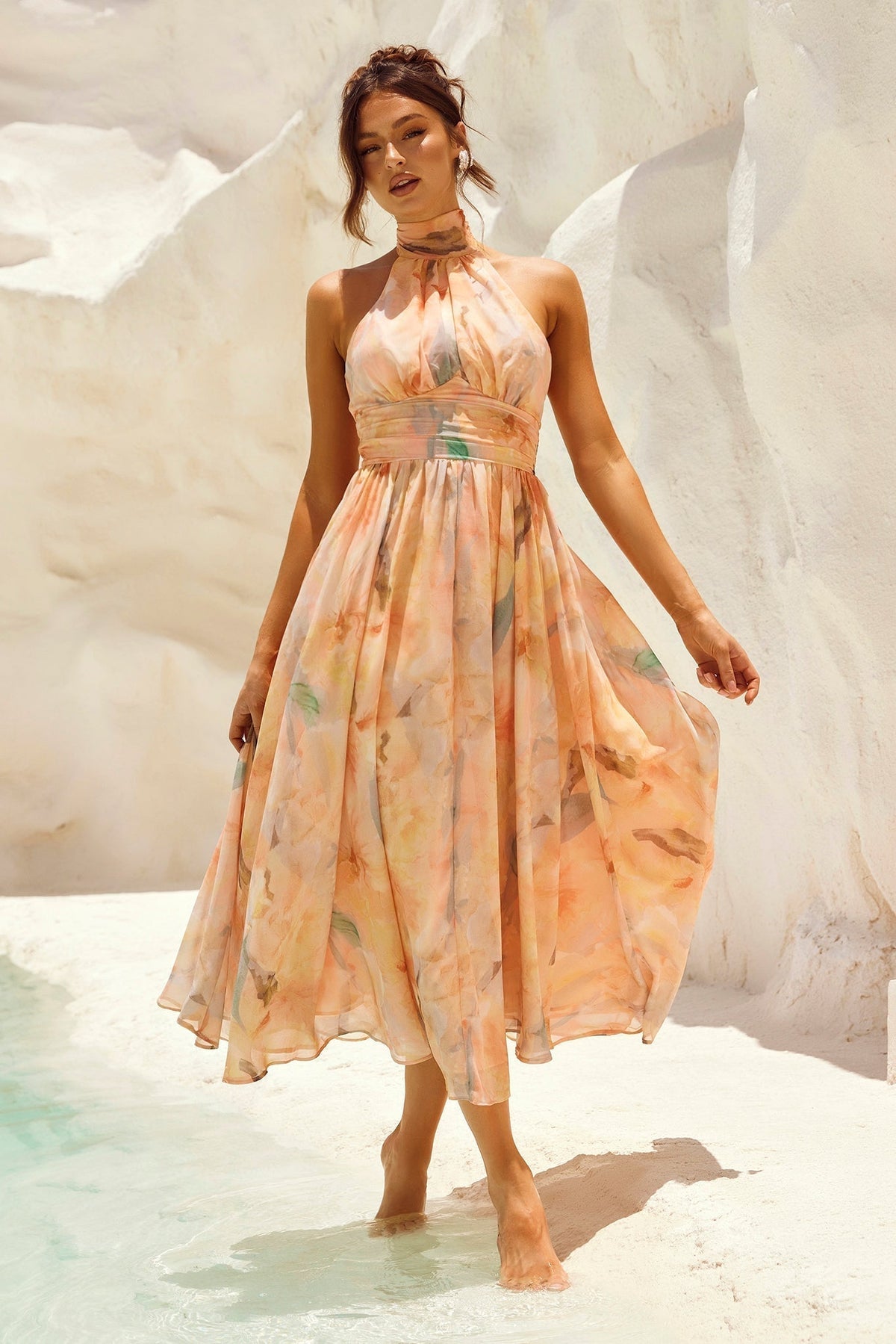 Halter Neck Watercolor Floral Chiffon Ruched Waist Flowy Midi Dress