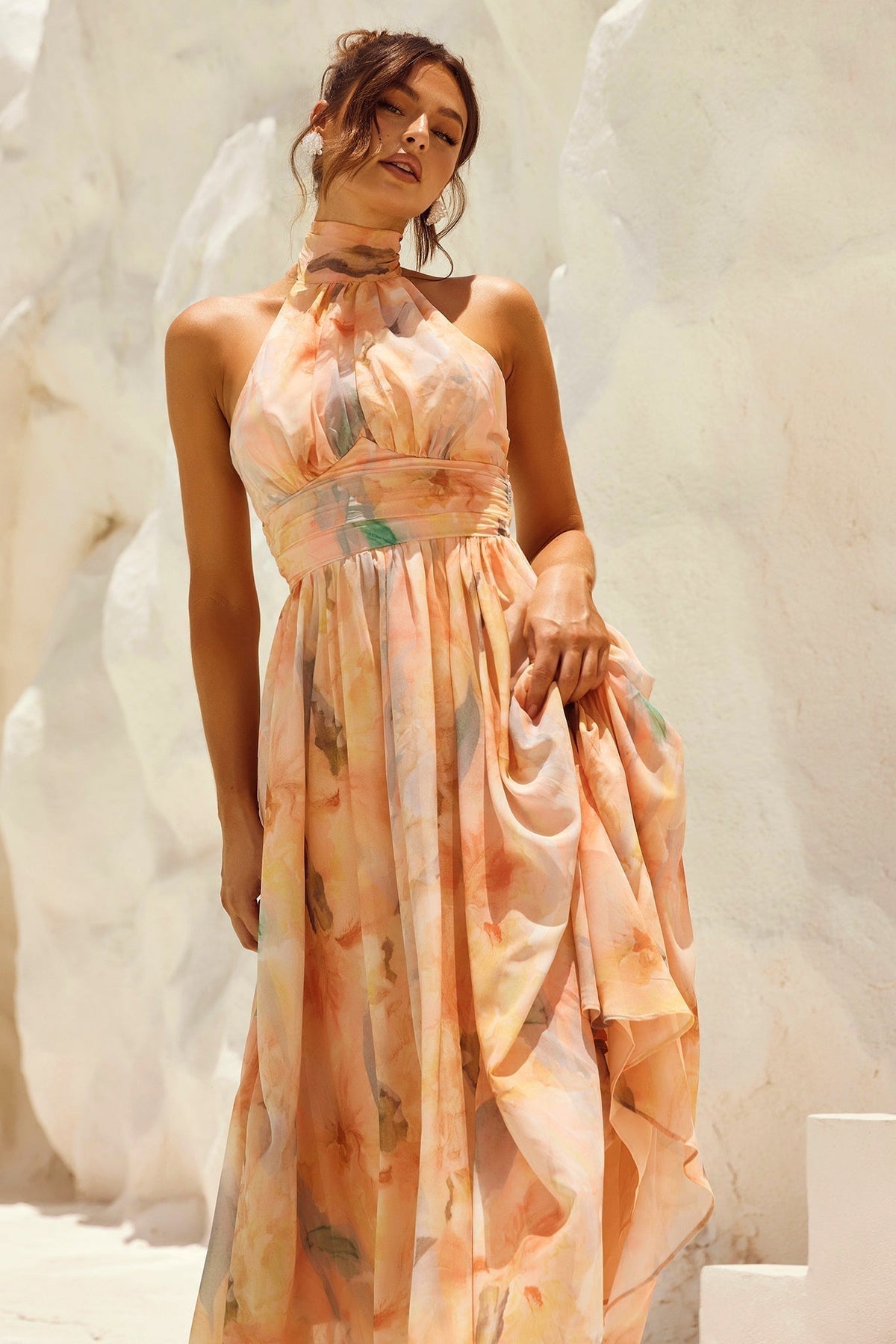 Halter Neck Watercolor Floral Chiffon Ruched Waist Flowy Midi Dress