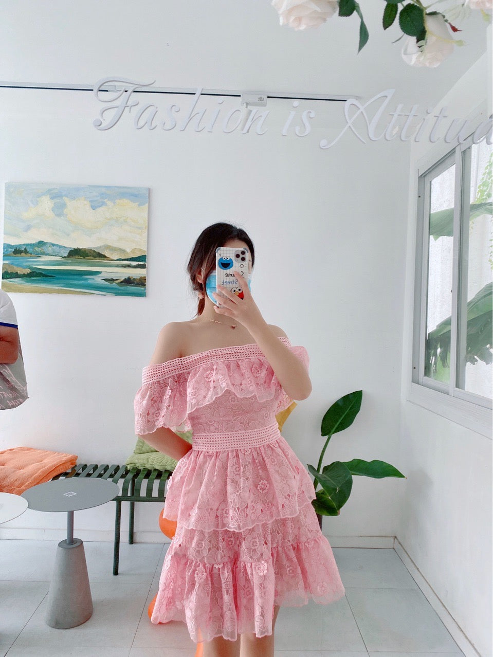Floral Embroidered Off Shoulder Tiered Mini Dress - Blush Pink