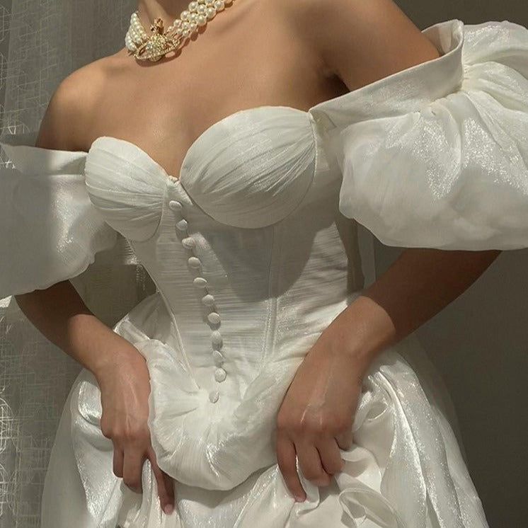 White Off-Shoulder Puff Sleeve Sweetheart Neck Button Front Corset Mini Dress