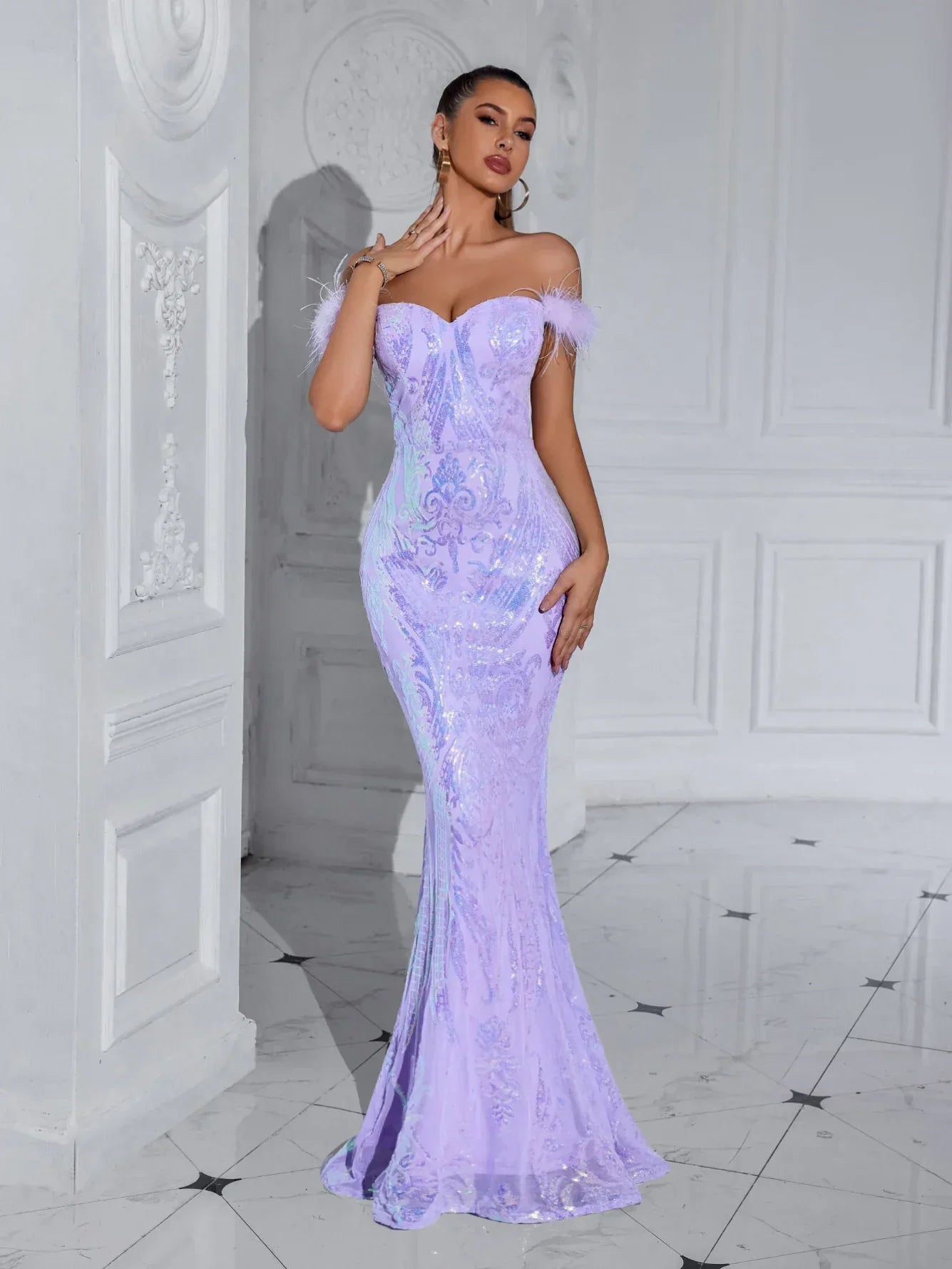 Solid Faux Feather Off-Shoulder Party Dress Violet Club / Xs Partydress-241208