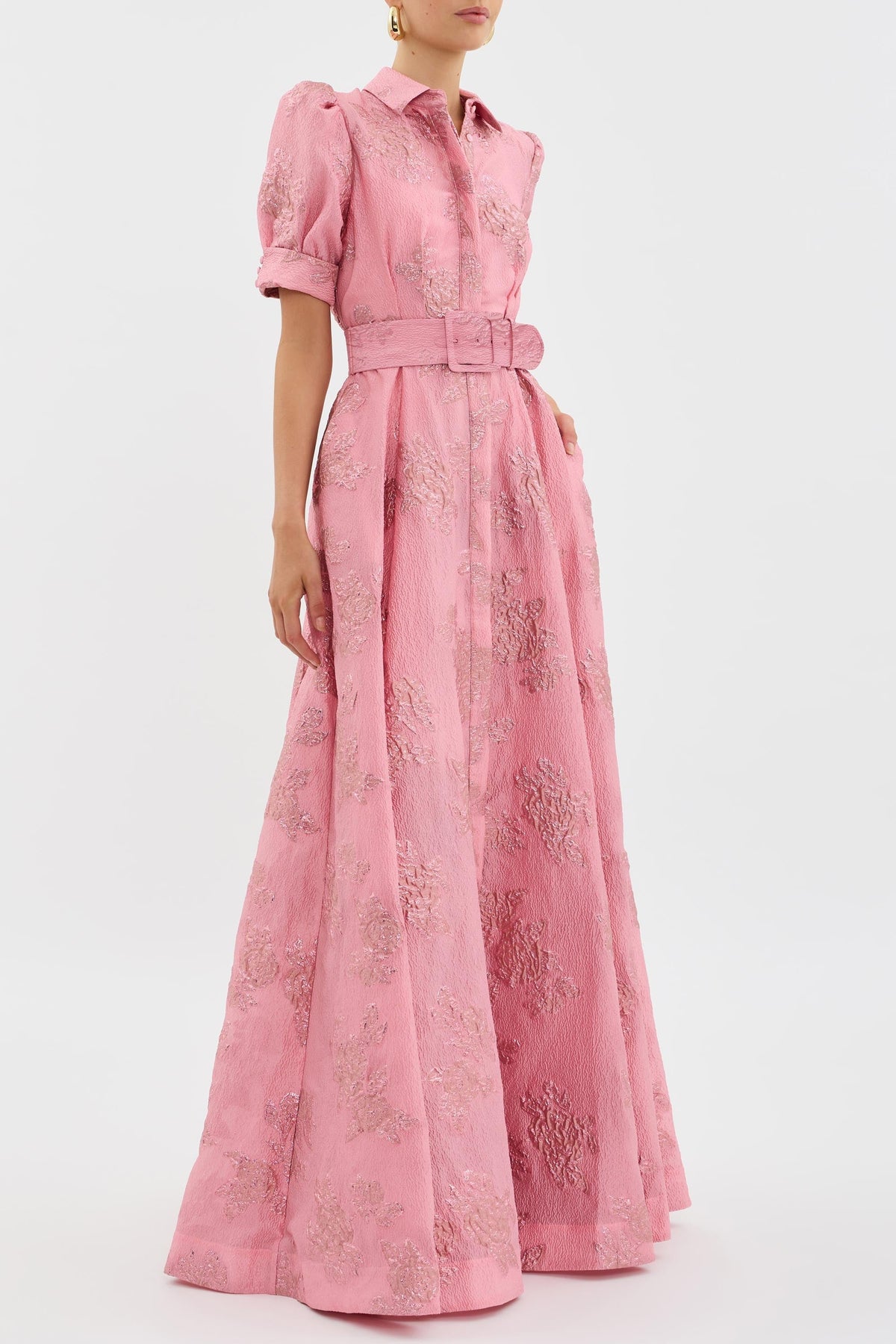 Collared Puff Sleeve Floral Jacquard Belted A-Line Maxi Dress 3