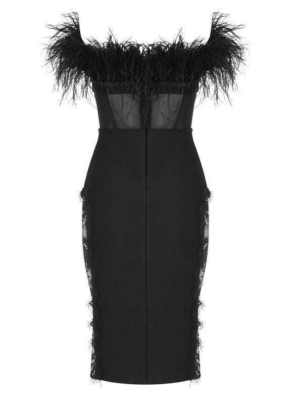 Strapless Feather Trim Corset Lace Panel Bandage Bodycon Midi Dress