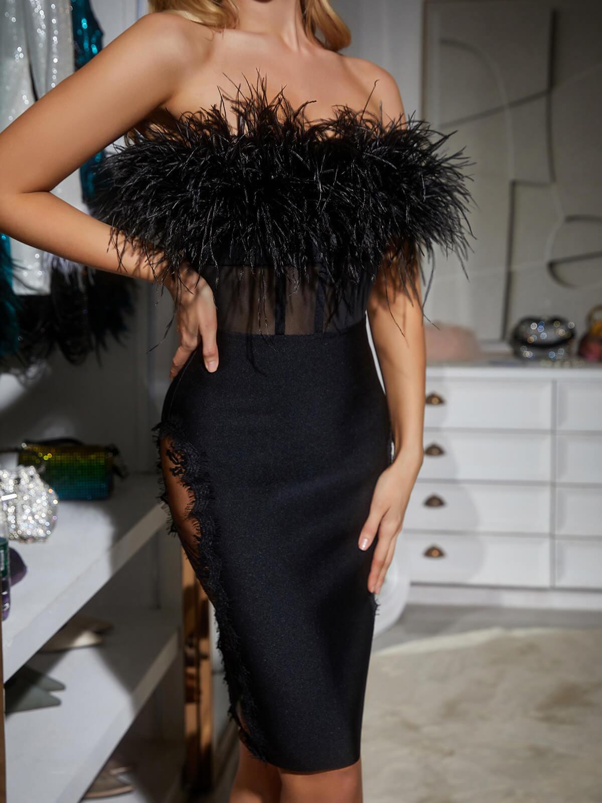Strapless Feather Trim Corset Lace Panel Bandage Bodycon Midi Dress