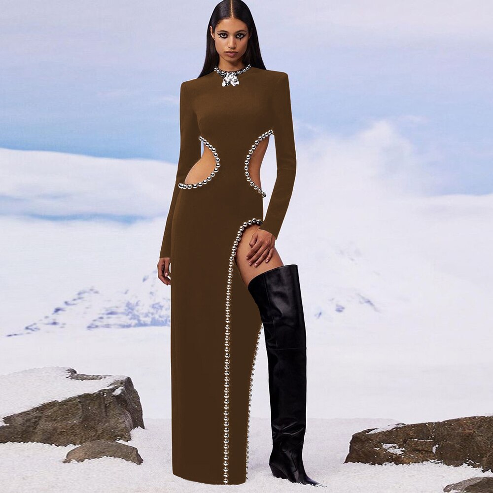 O Black Long Bodyband Sexy Beaded Women’s Cutout Gown Neck Party Celebrity Dress Auburn / Xs