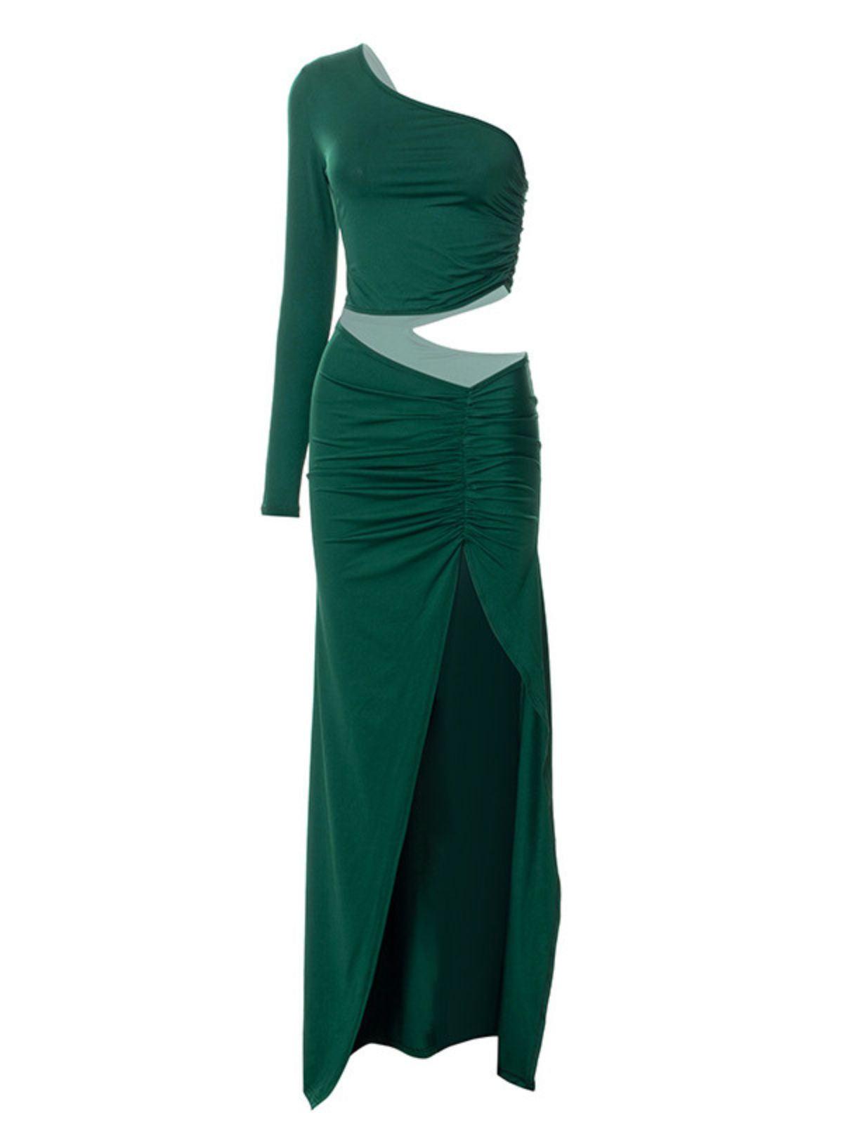 One Shoulder Waist Cutout Ruched High Slit Bodycon Maxi Dress