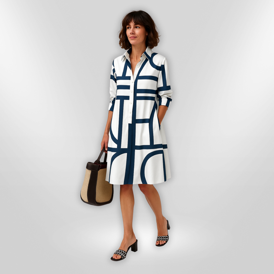 Collared Geometric Print Long Sleeve Button Front Shirt Midi Dress 2