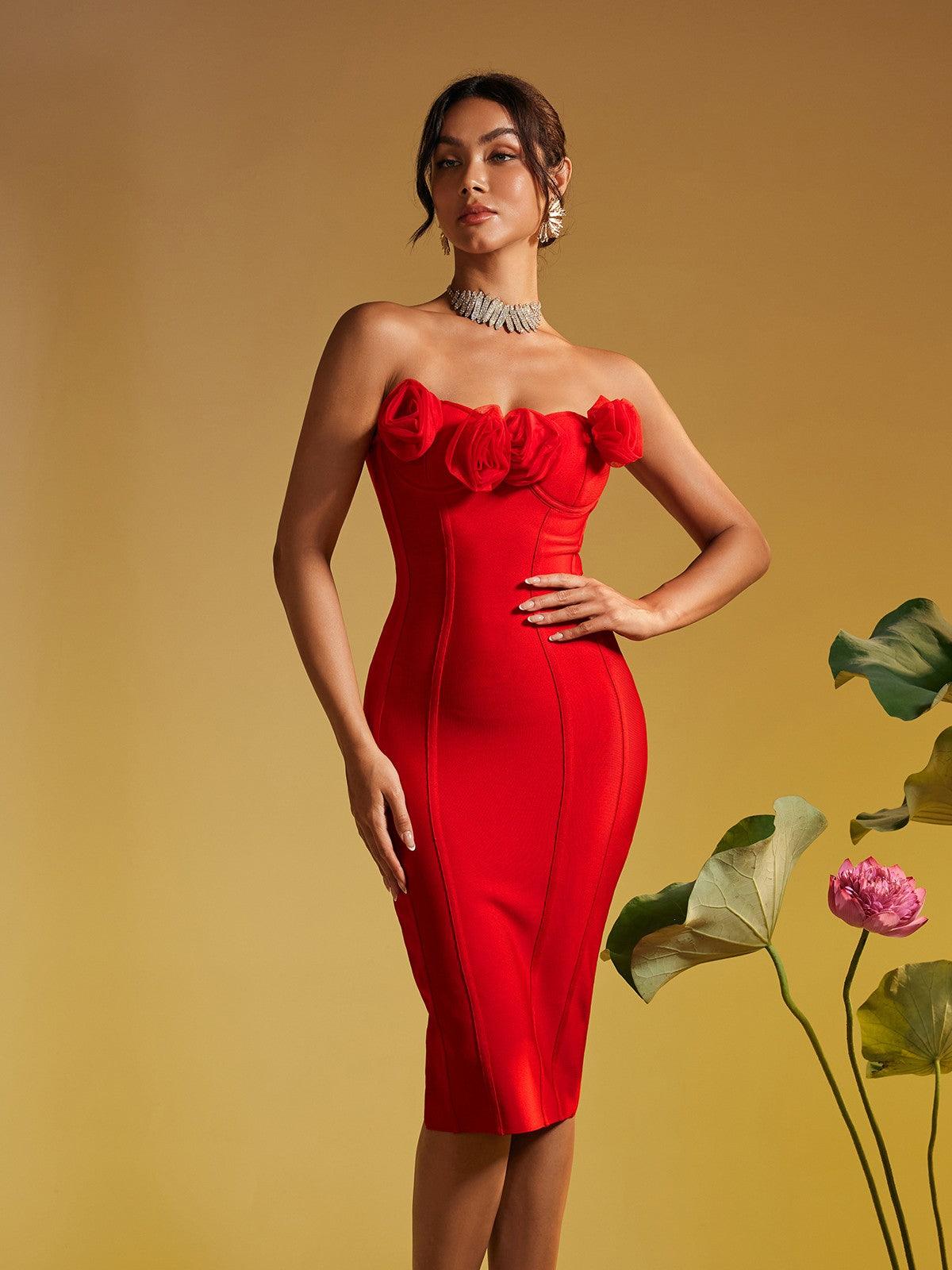 Strapless Flower Bandage Midi Dress