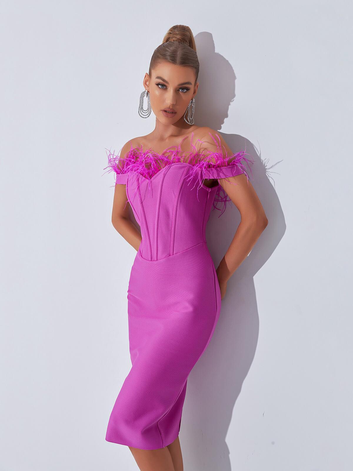 Off-Shoulder Feather Trim Corset Bandage Bodycon Midi Dress 4