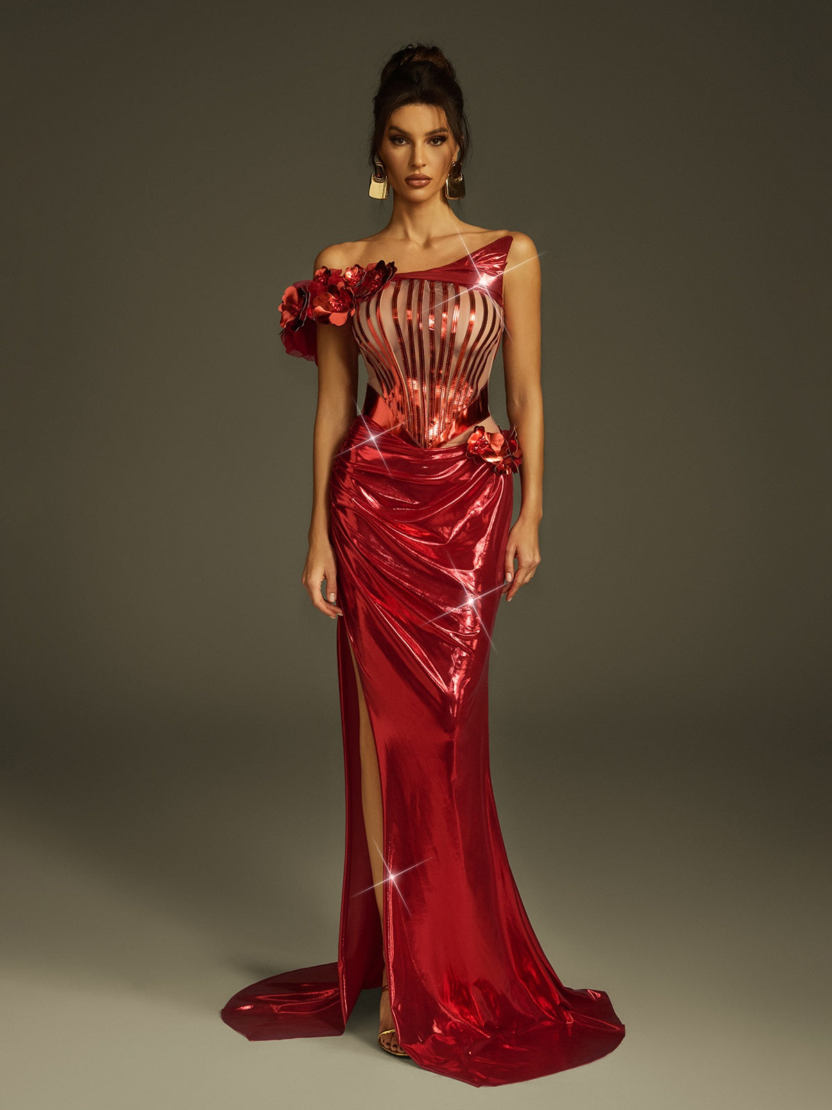 Flower Metallic Split Maxi Dress