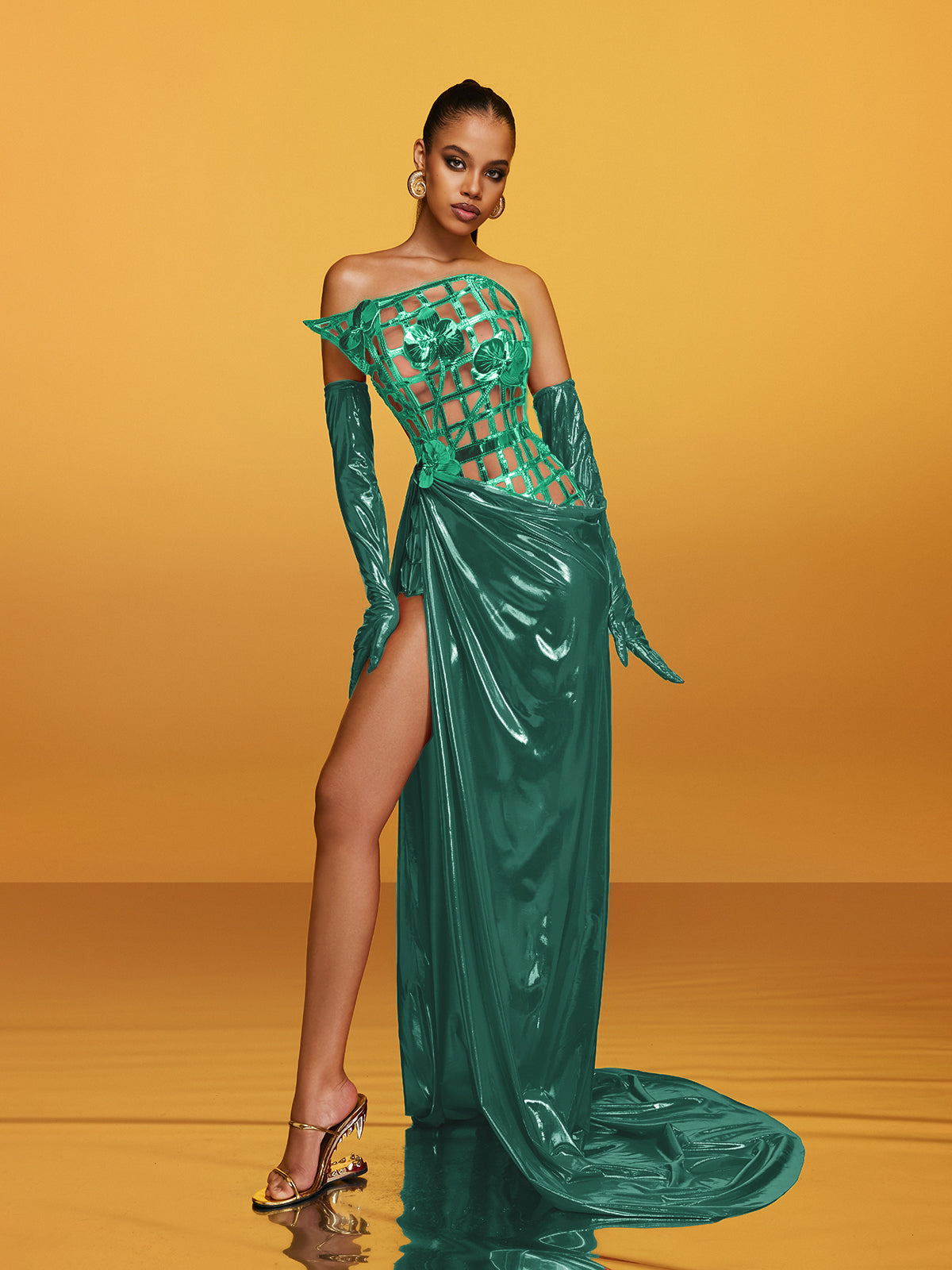 Strapless Metallic Flower Maxi Dress In Green