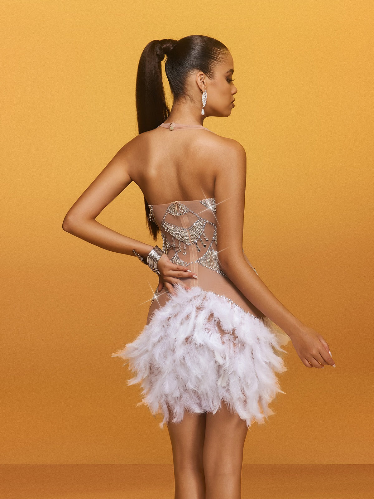 Halterneck Rhinestone Feather Mini Dress