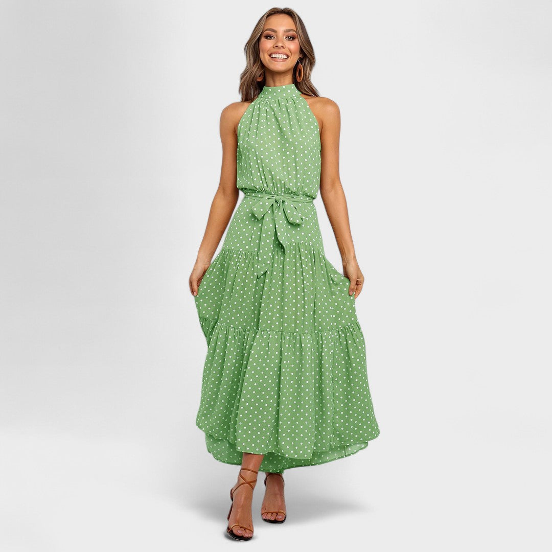 Halter Neck Polka Dot Tie Waist Tiered A-Line Maxi Dress 11