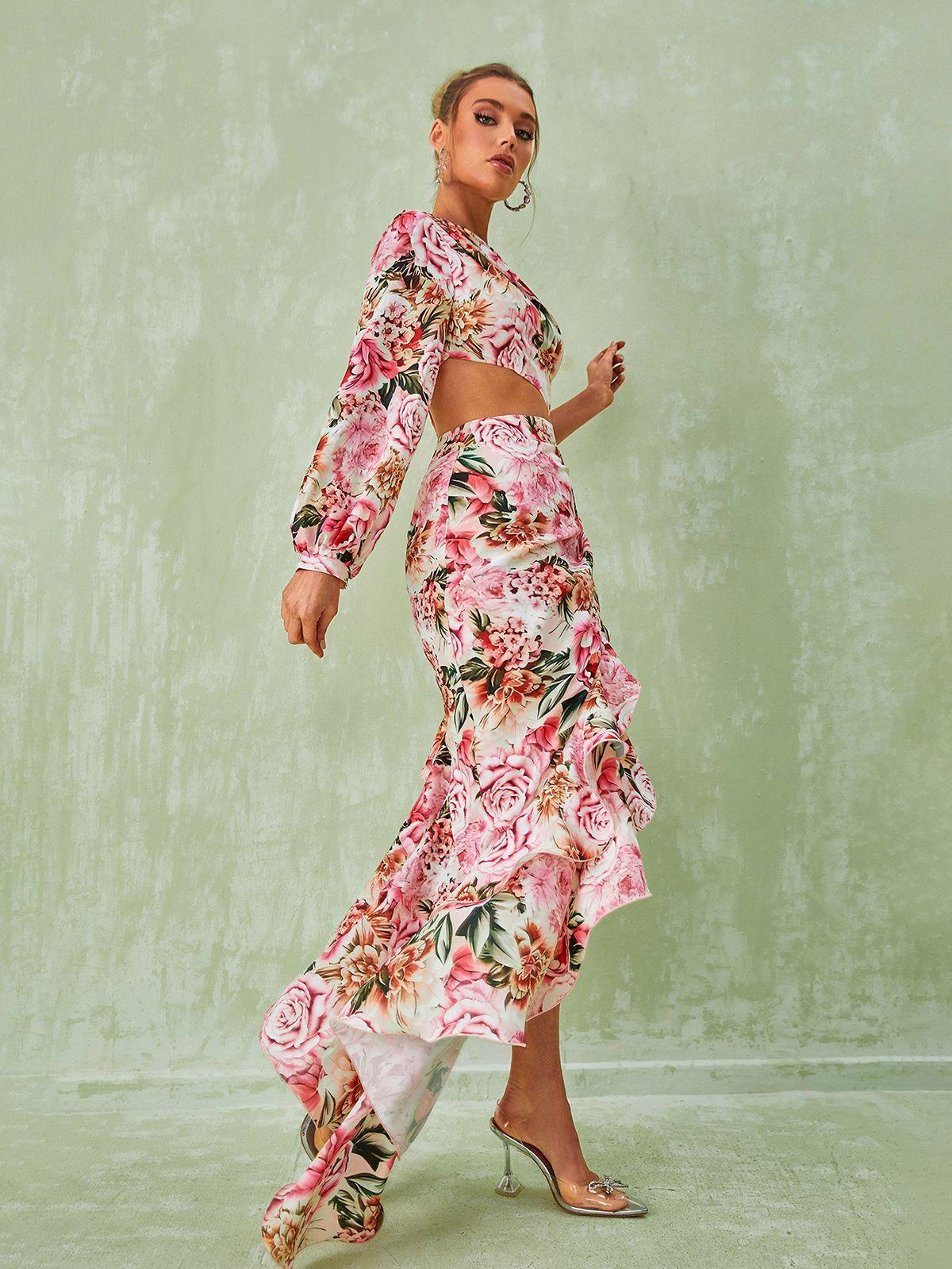 One-Shoulder Floral One Sleeve Cutout Ruffle High Slit Maxi Dress