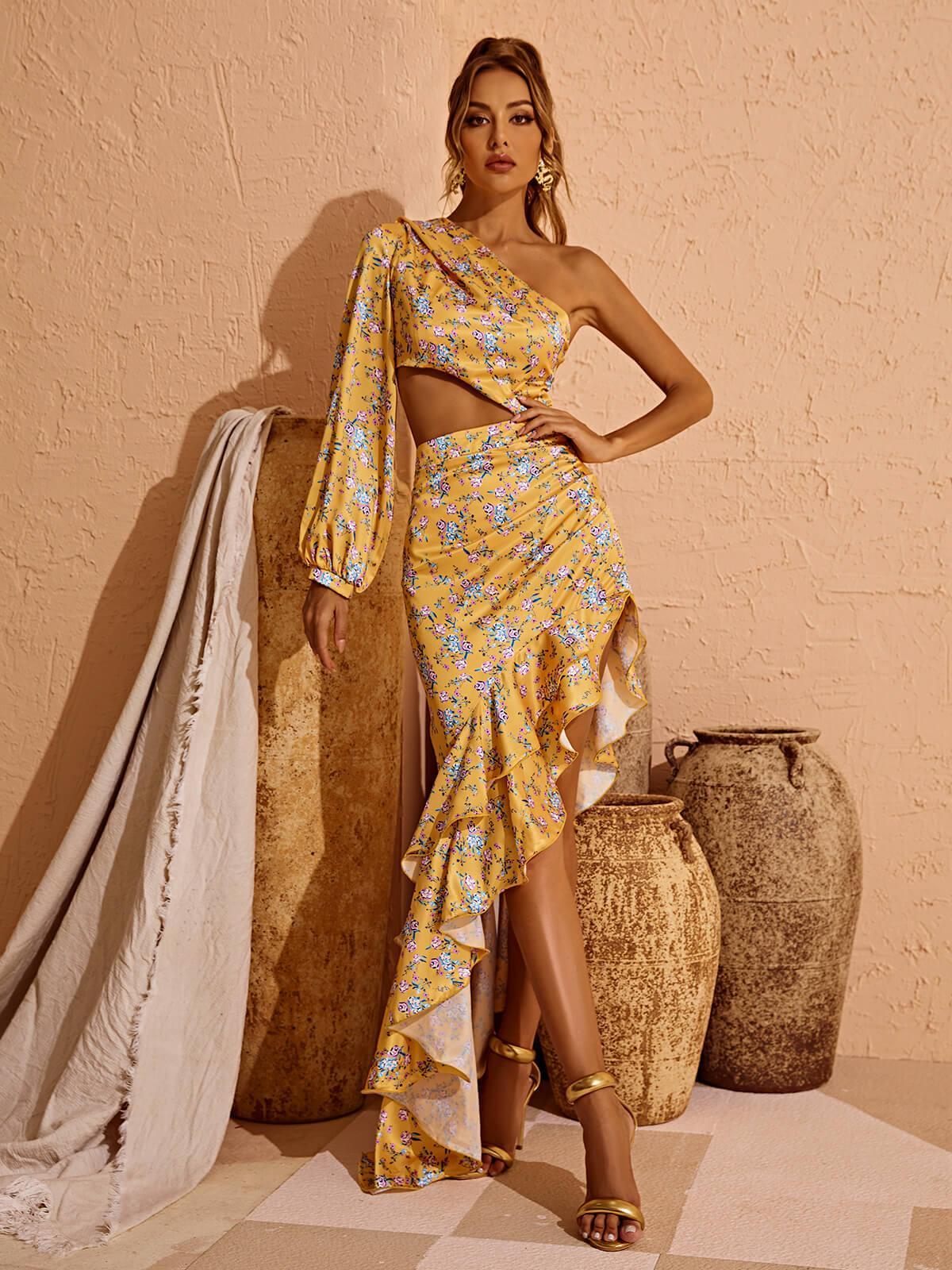 One Shoulder Floral Cutout Ruffle High Slit Maxi Dress