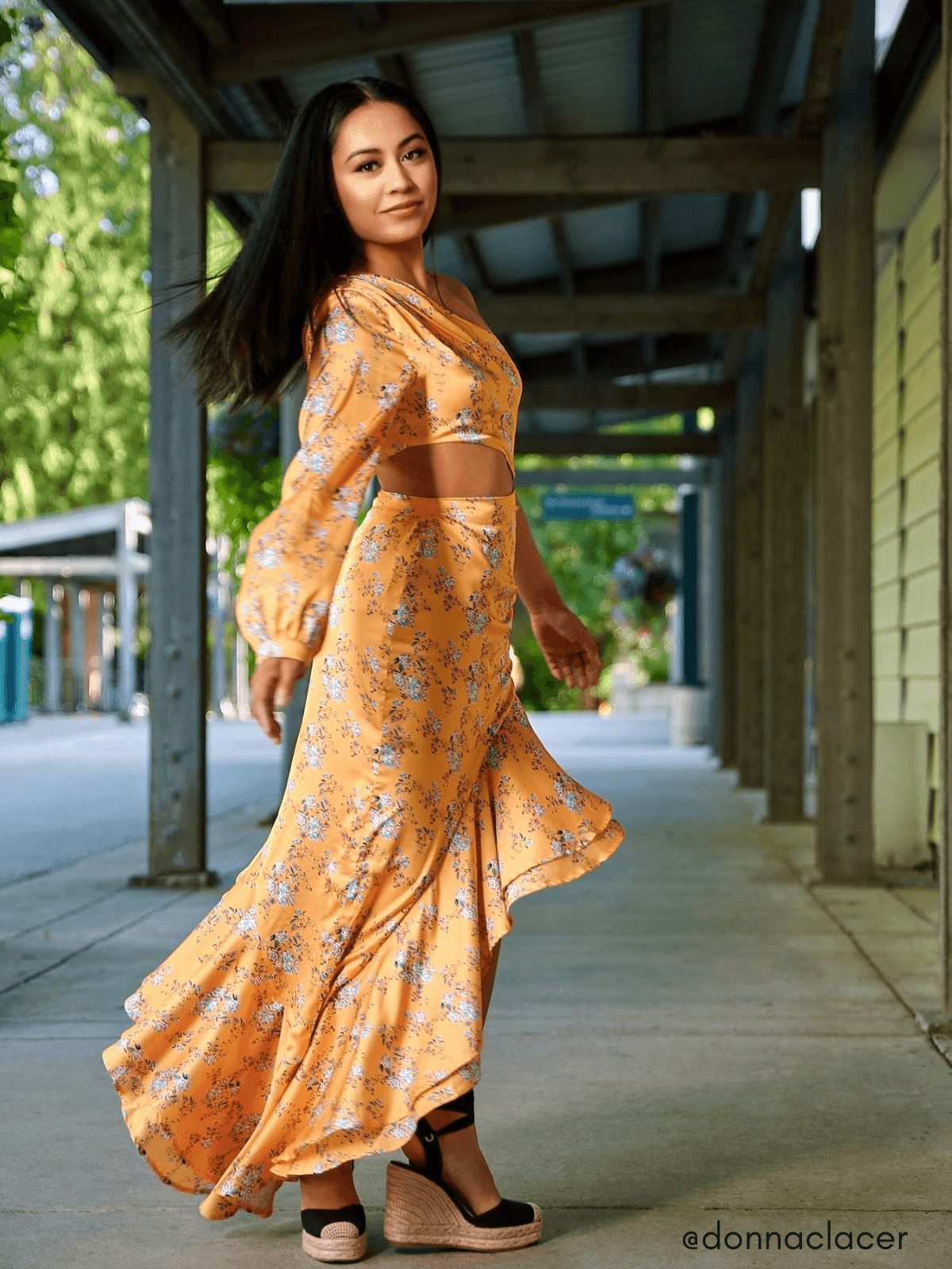 One Shoulder Floral Cutout Ruffle High Slit Maxi Dress