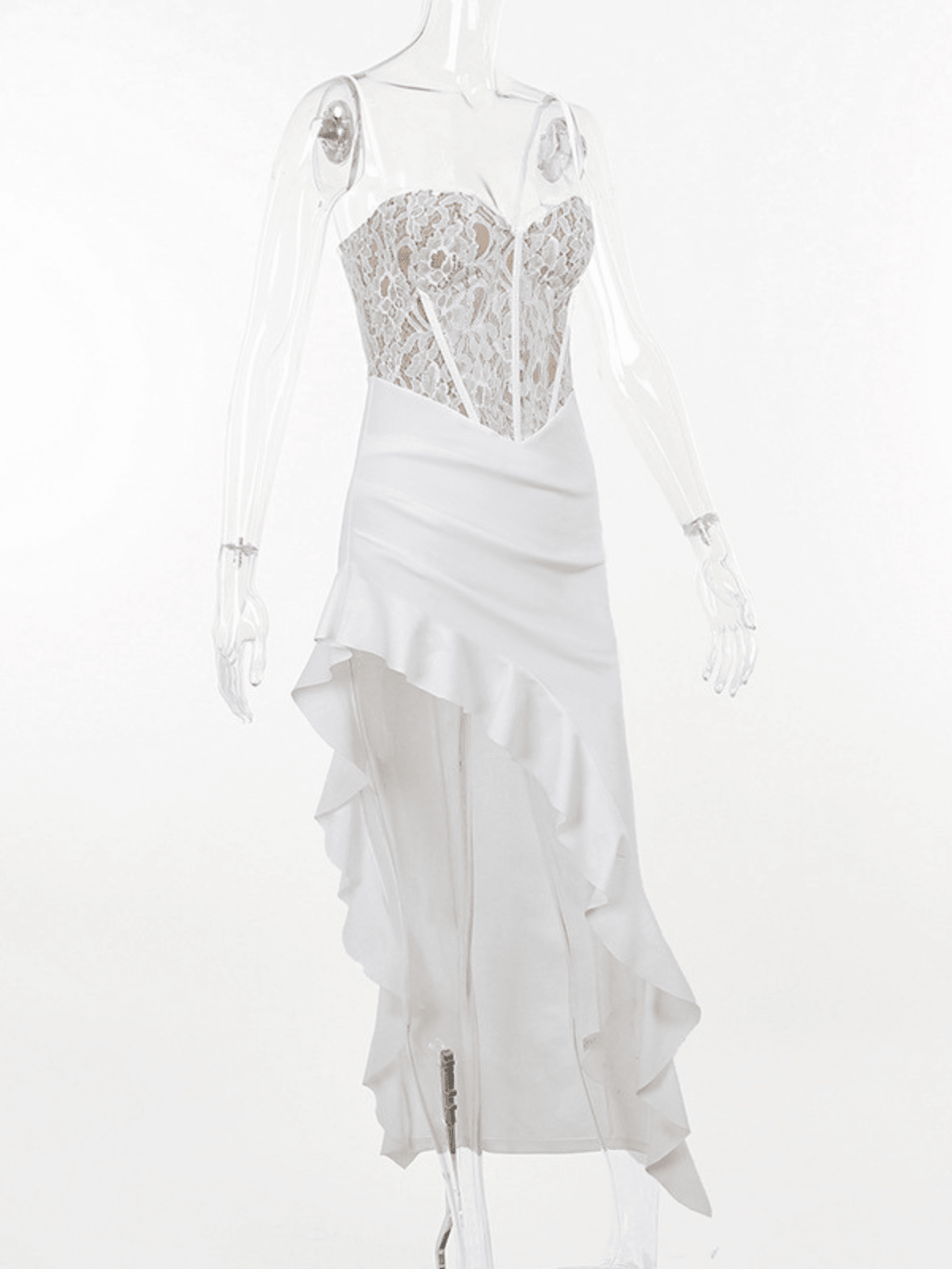 Lace Asymmetric Ruffle Midi Dress