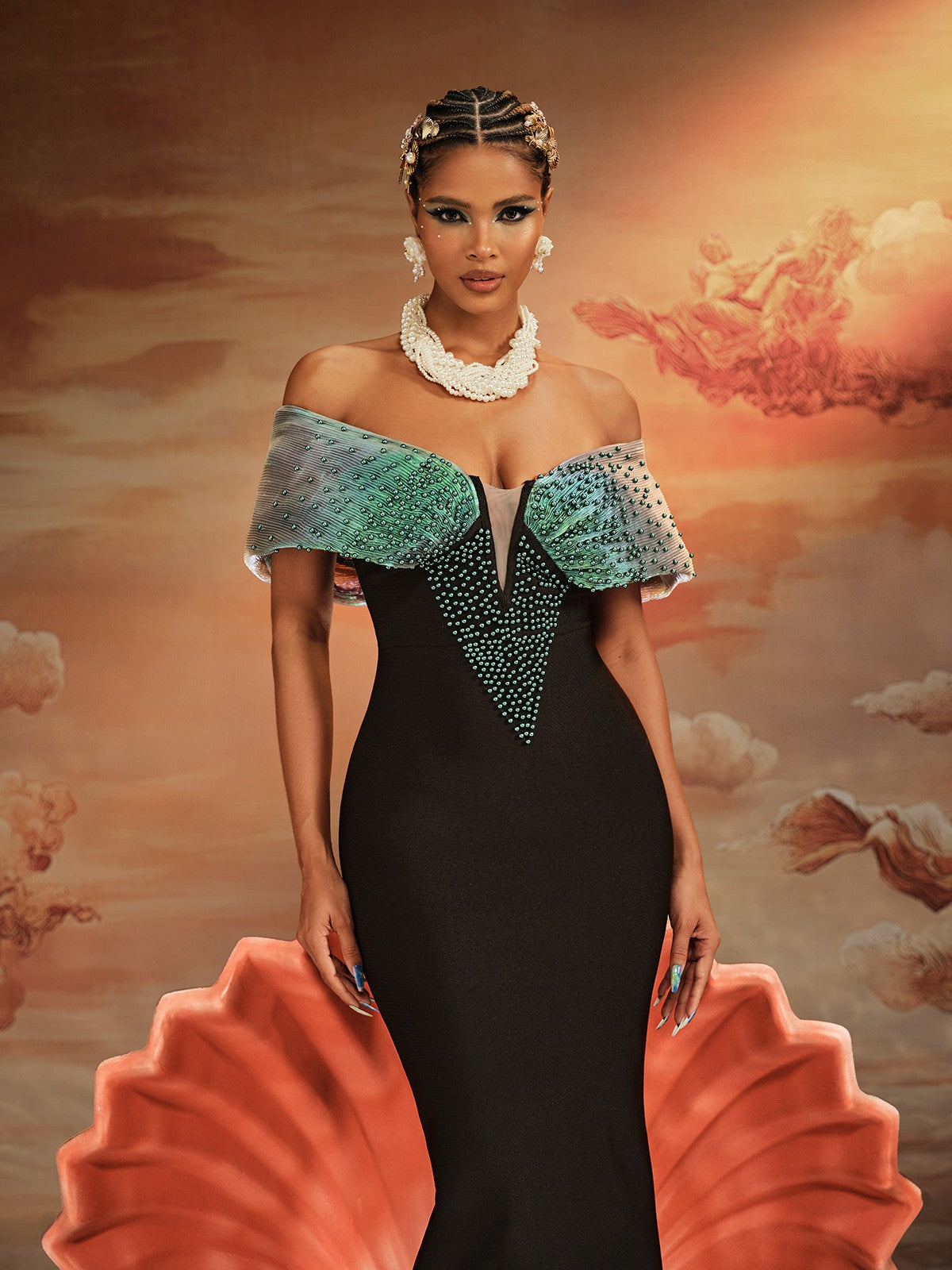 Off Shoulder Bead Bandage Maxi Dress