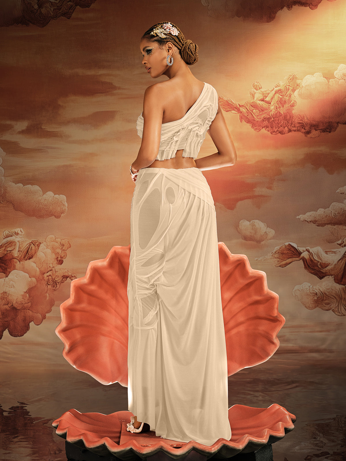 One Shoulder Ruched Skirt Set In Champagne