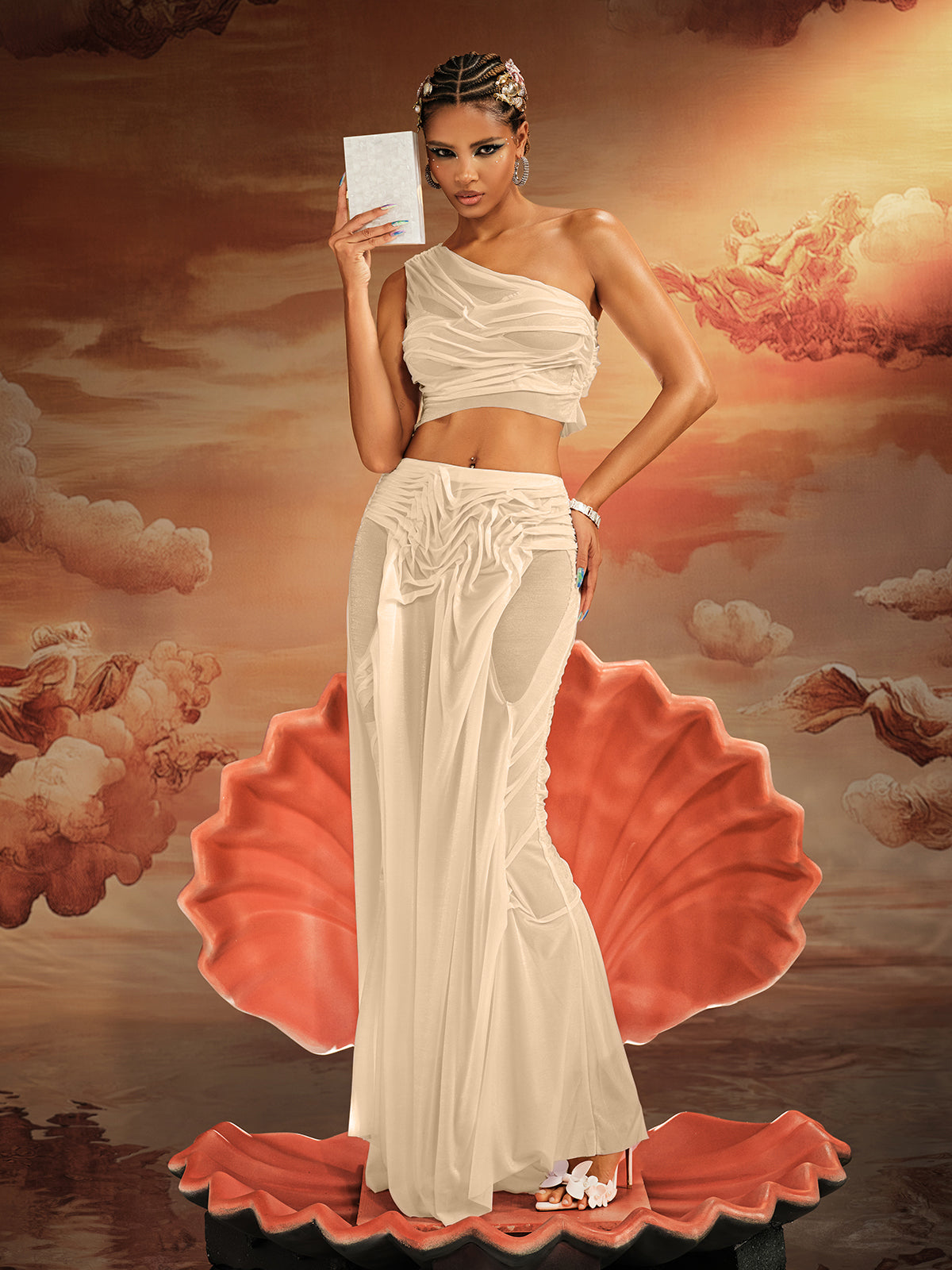 One Shoulder Ruched Skirt Set In Champagne