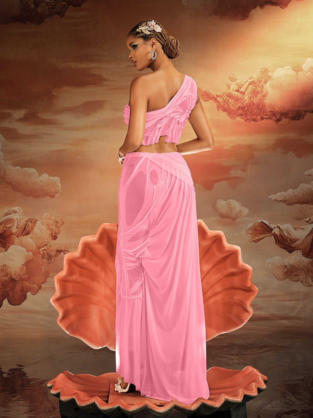 One Shoulder Ruched Skirt Set In Pink