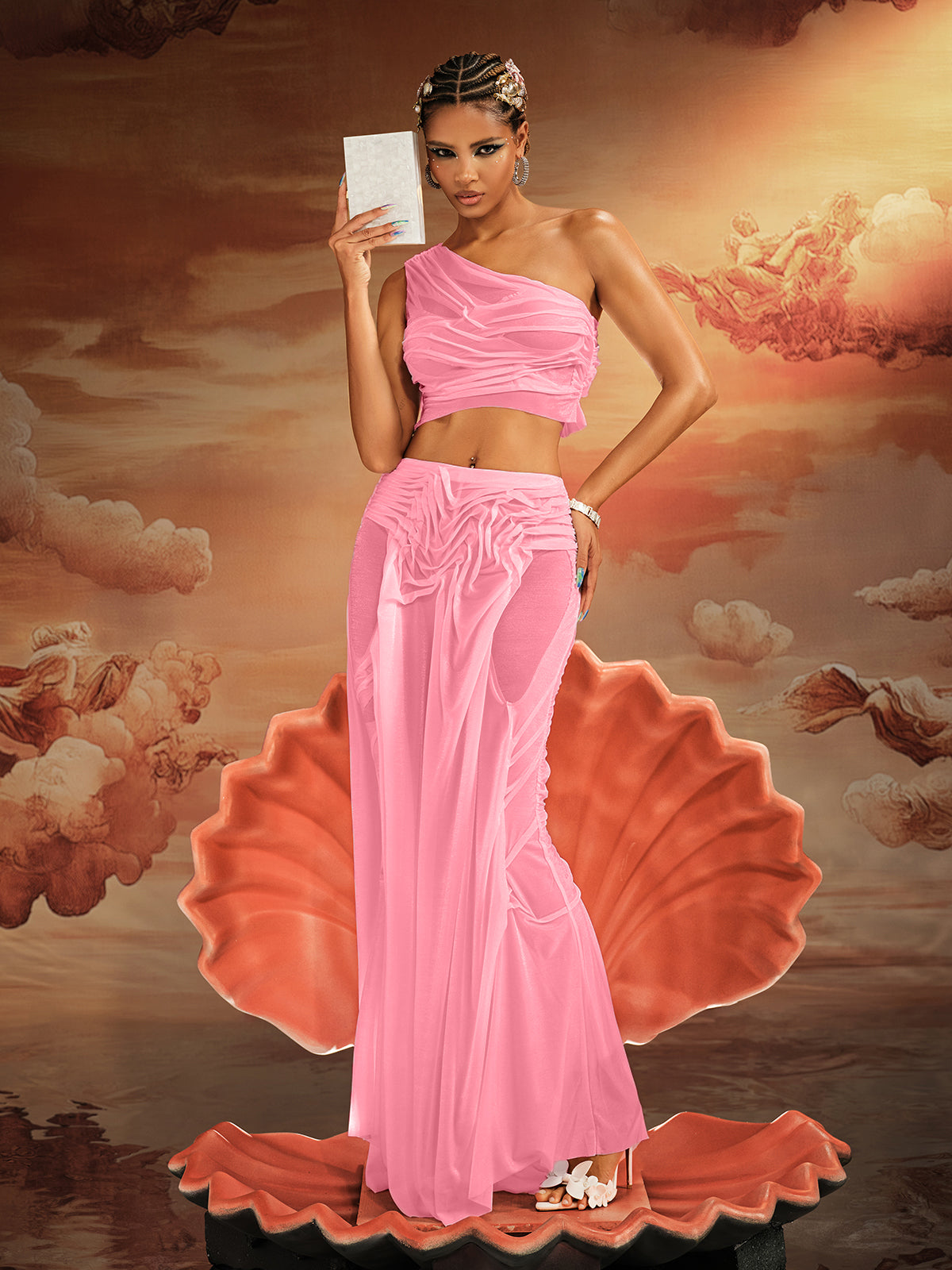 One Shoulder Ruched Skirt Set In Pink