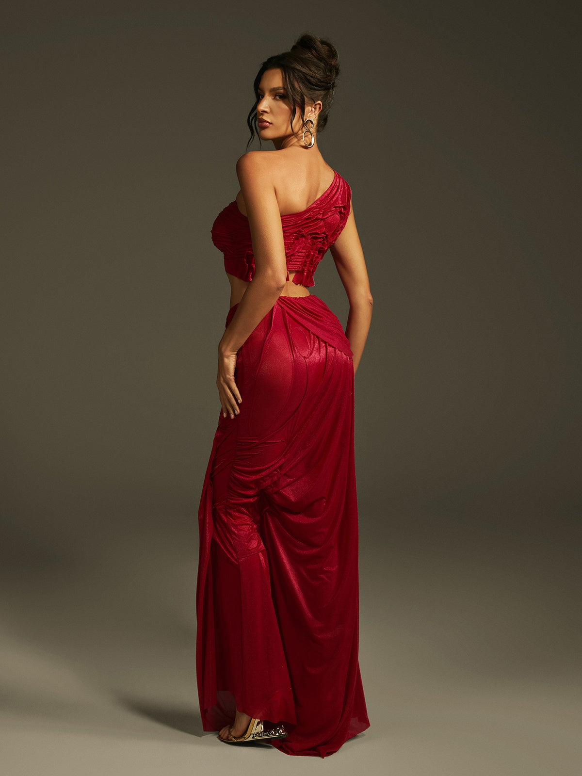 One Shoulder Ruched Skirt Set In Wine