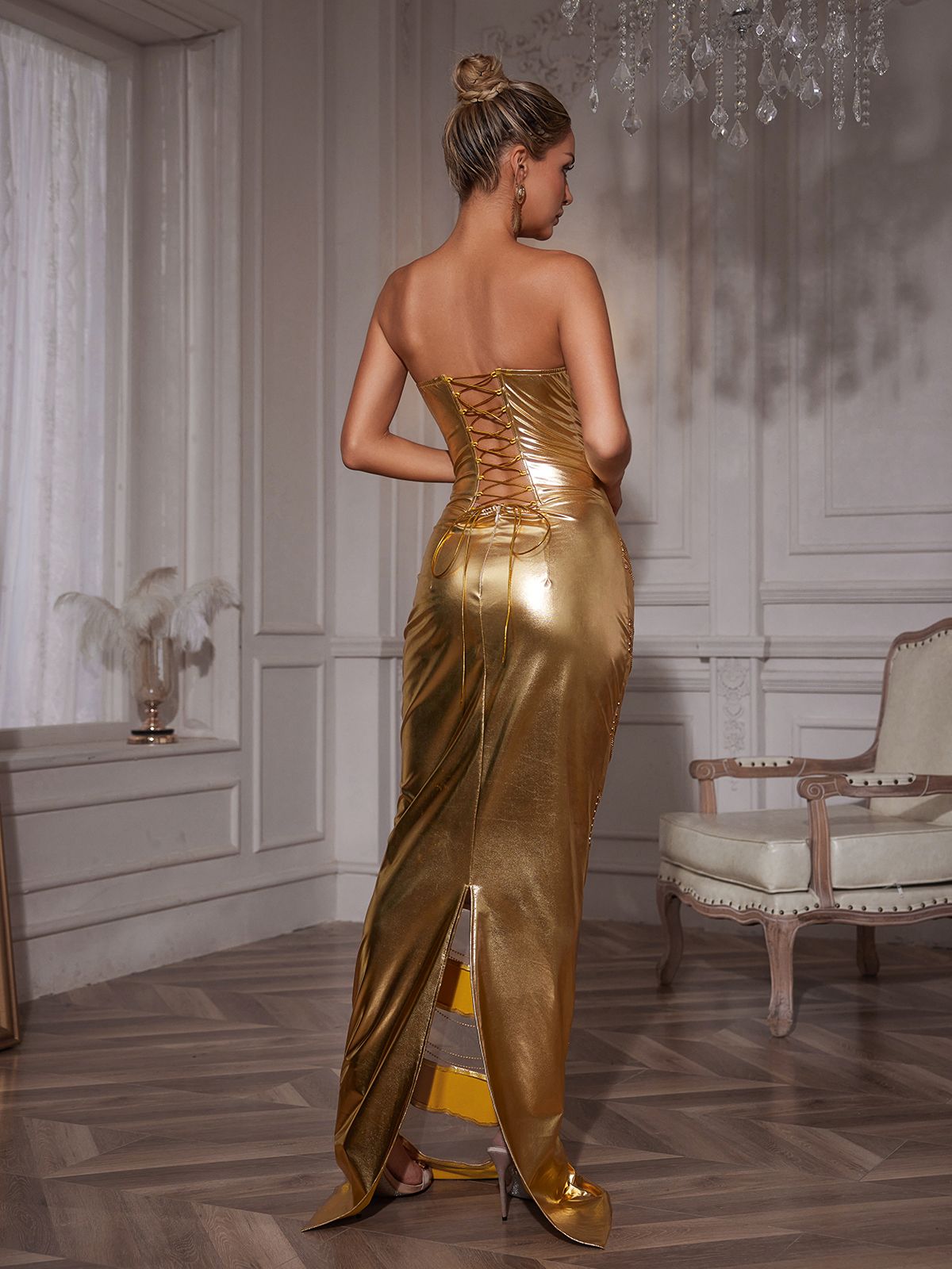 Strapless Corset Chain Wrapped Maxi Dress