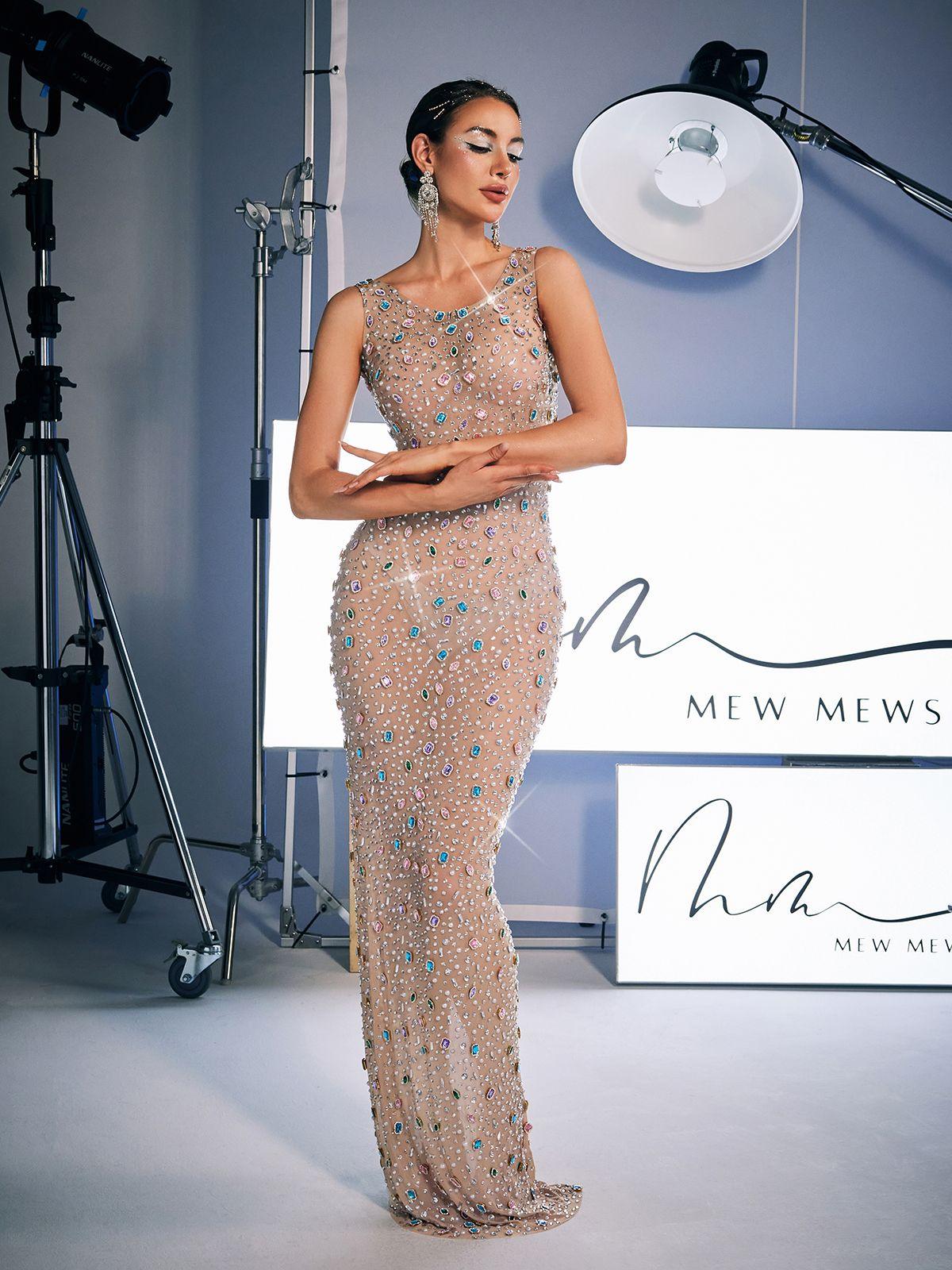 Scoop Neck Rhinestone Maxi Dress