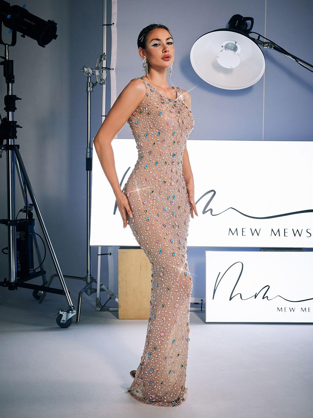 Scoop Neck Rhinestone Maxi Dress