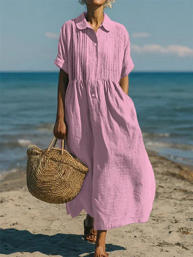 Collared Button Front Linen Short Sleeve Pleated Shirt Maxi Dress