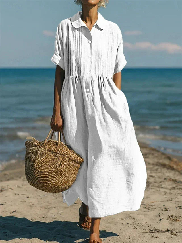 Collared Button Front Linen Short Sleeve Pleated Shirt Maxi Dress