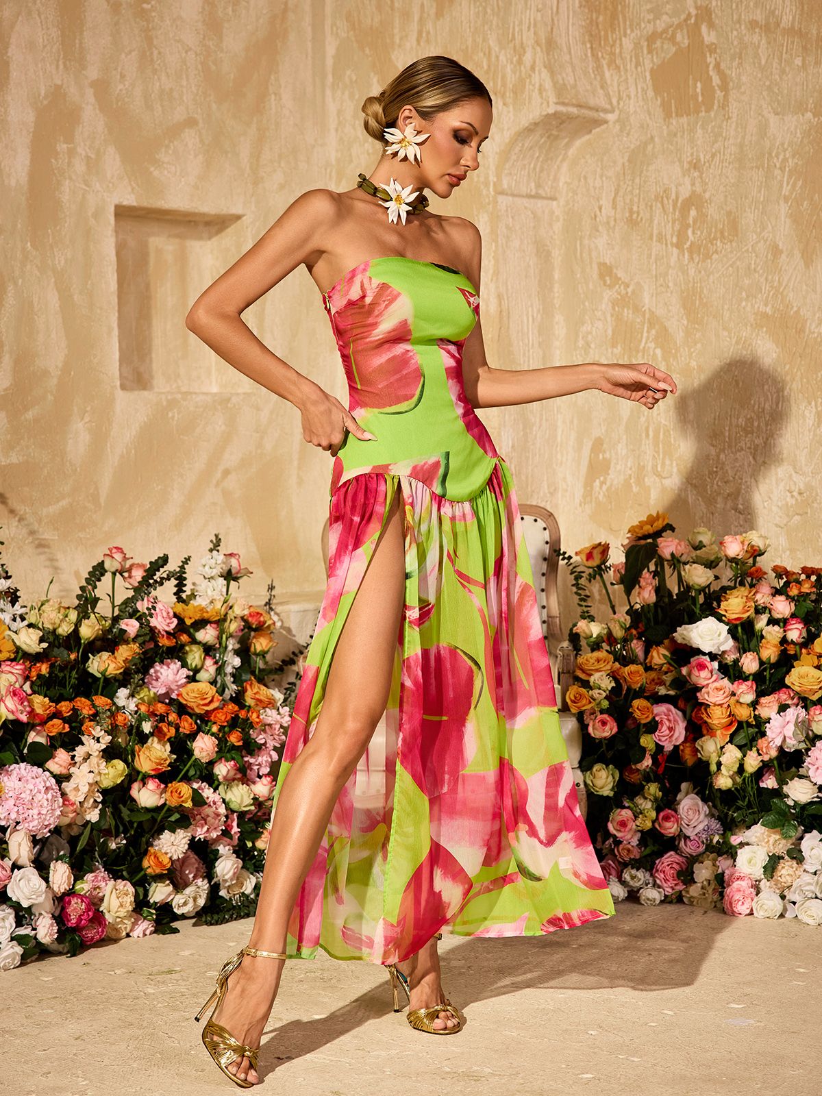 Strapless Printed Split Maxi Dress In Green