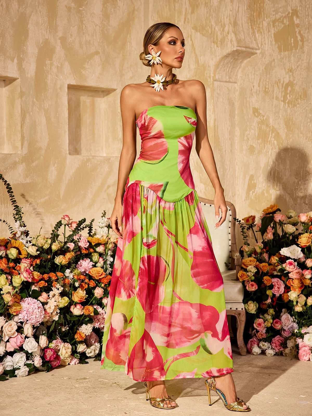 Strapless Printed Split Maxi Dress In Green