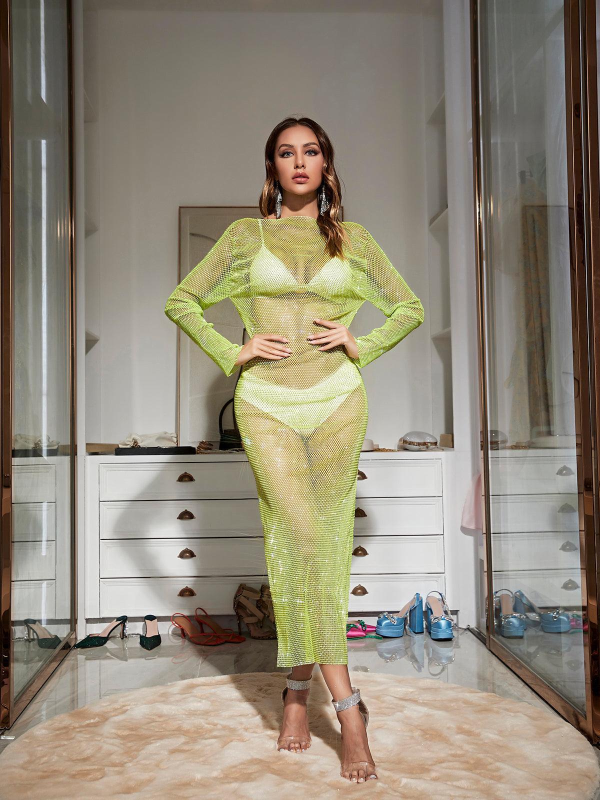 High Neck Long Sleeve Rhinestone Fishnet High Slit Bodycon Midi Dress 2