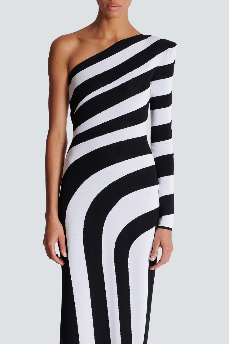 Alicia Timeless One Shoulder Slit, Asymmetric Striped Maxi Dress Evening Wear Edit