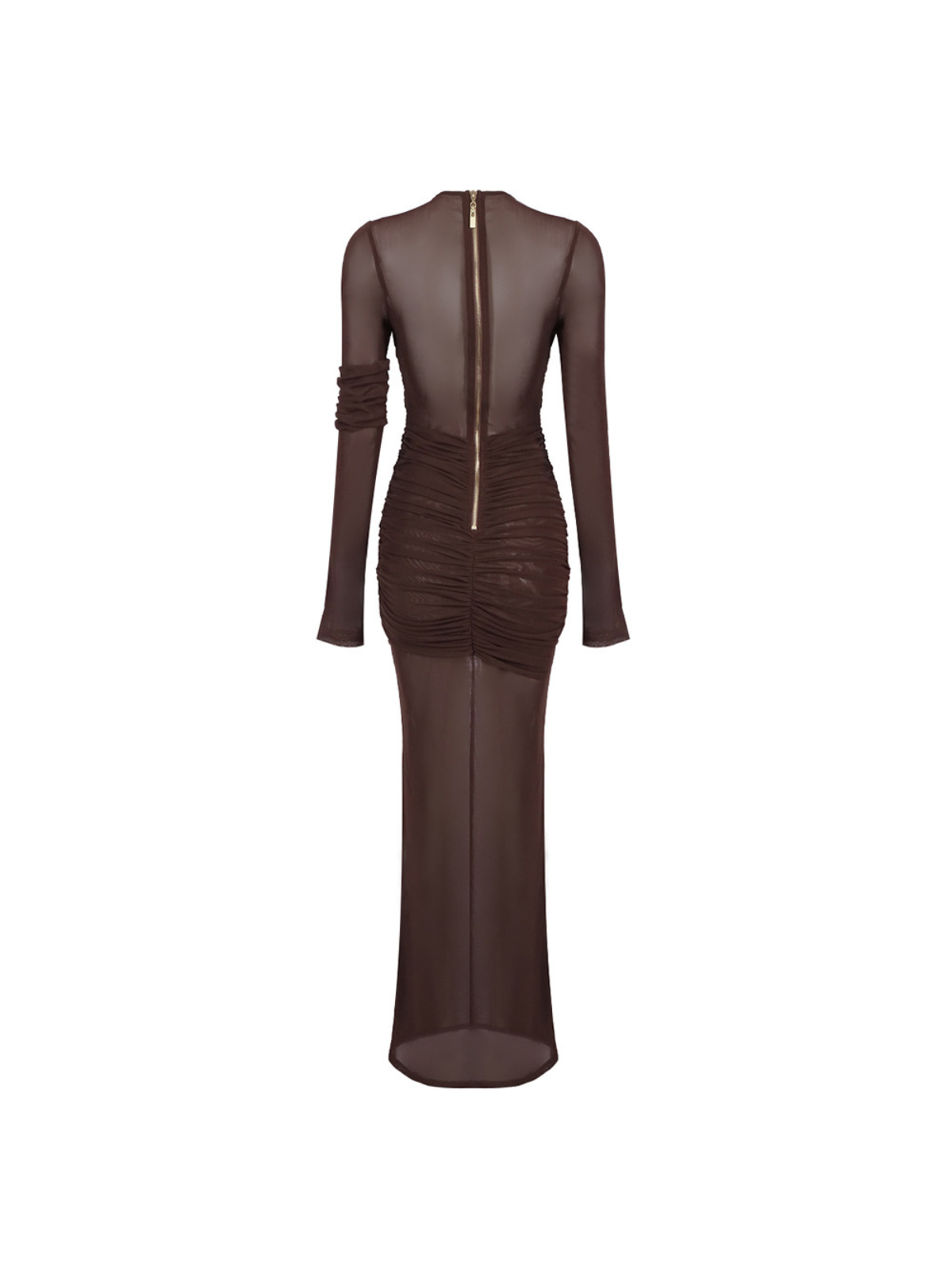 Long Sleeve Ruched Mesh Maxi Dress In Coffee