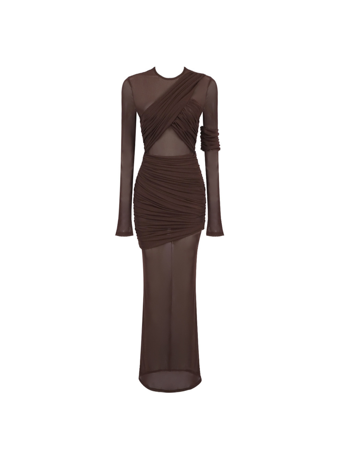 Long Sleeve Ruched Mesh Maxi Dress In Coffee