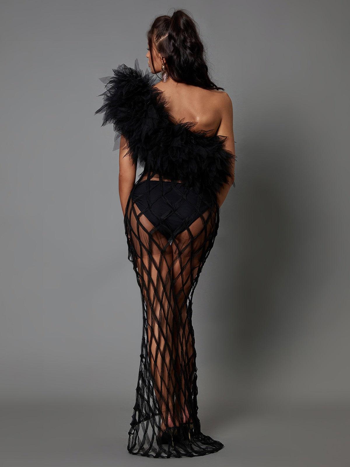 One Shoulder Tulle Ruffle Mesh Lattice Mermaid Maxi Dress