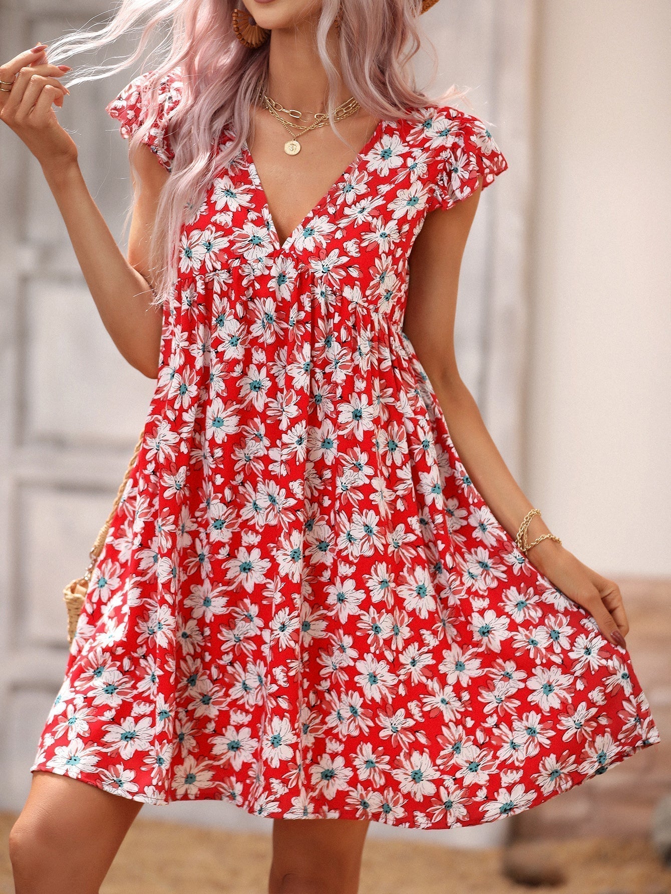 Allover Print V Neck Smocked Flare Dress