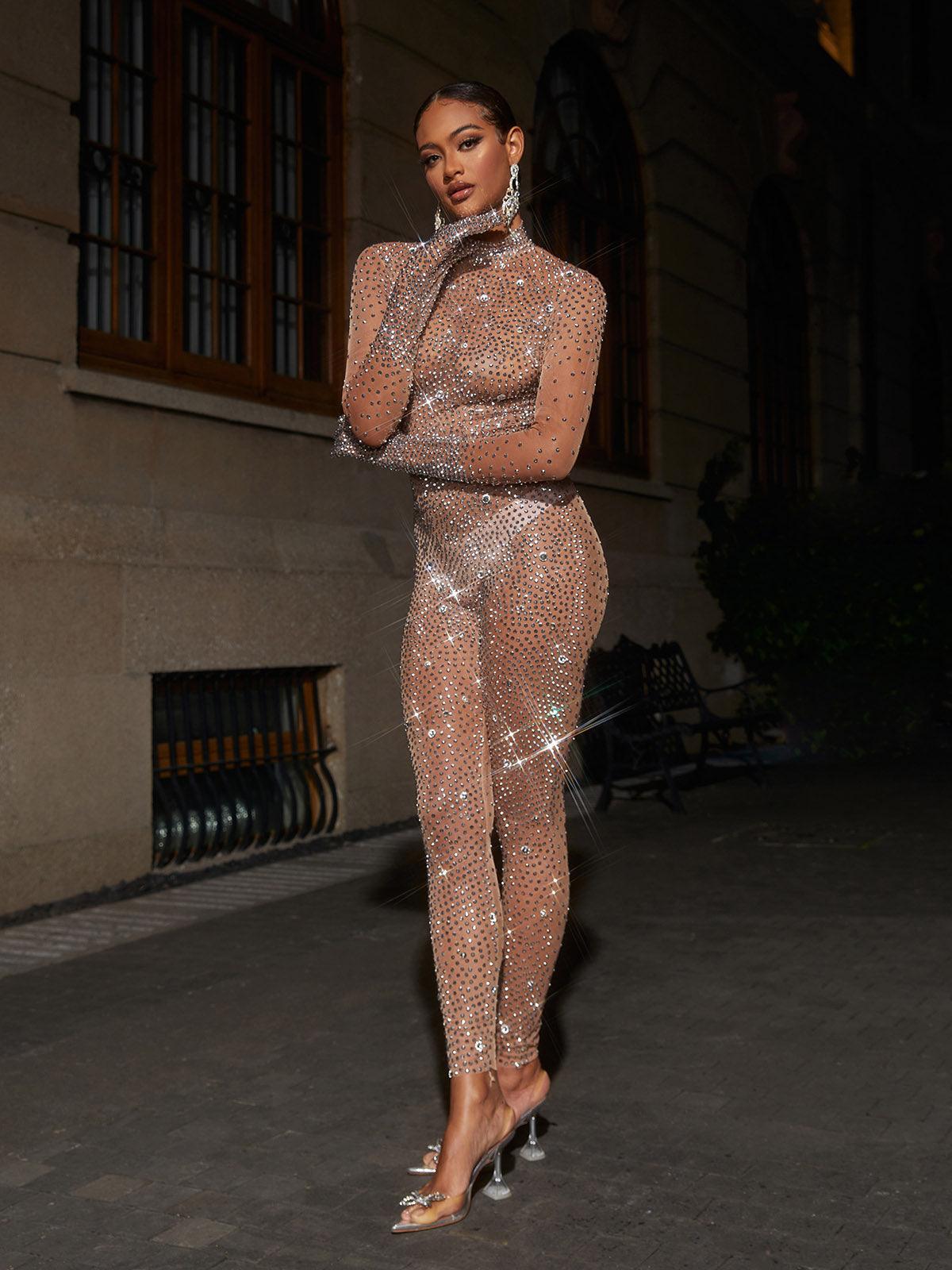 Rhinestone Mesh Jumpsuit In Dark Nude