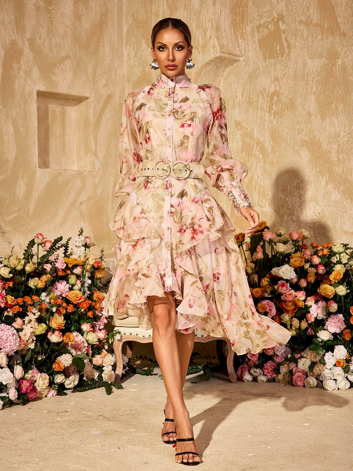 Puff Sleeves Printed Midi Dress