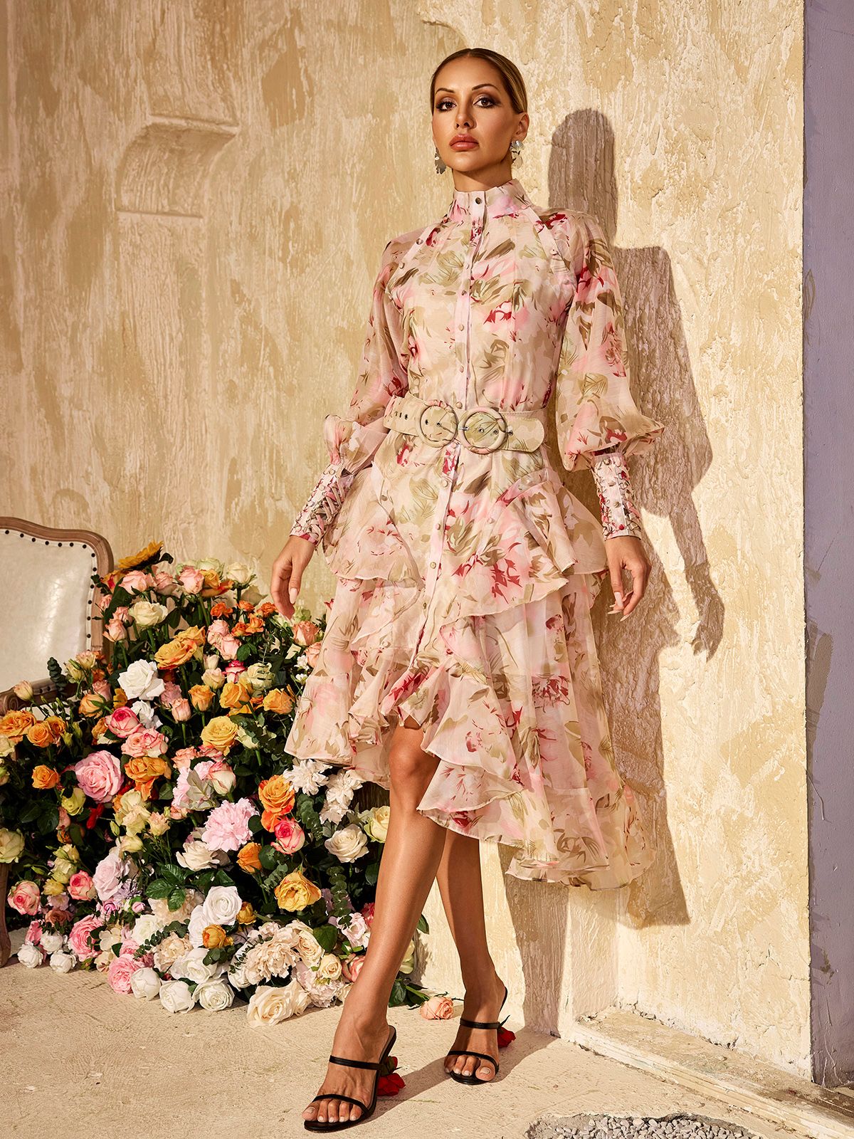 Puff Sleeves Printed Midi Dress