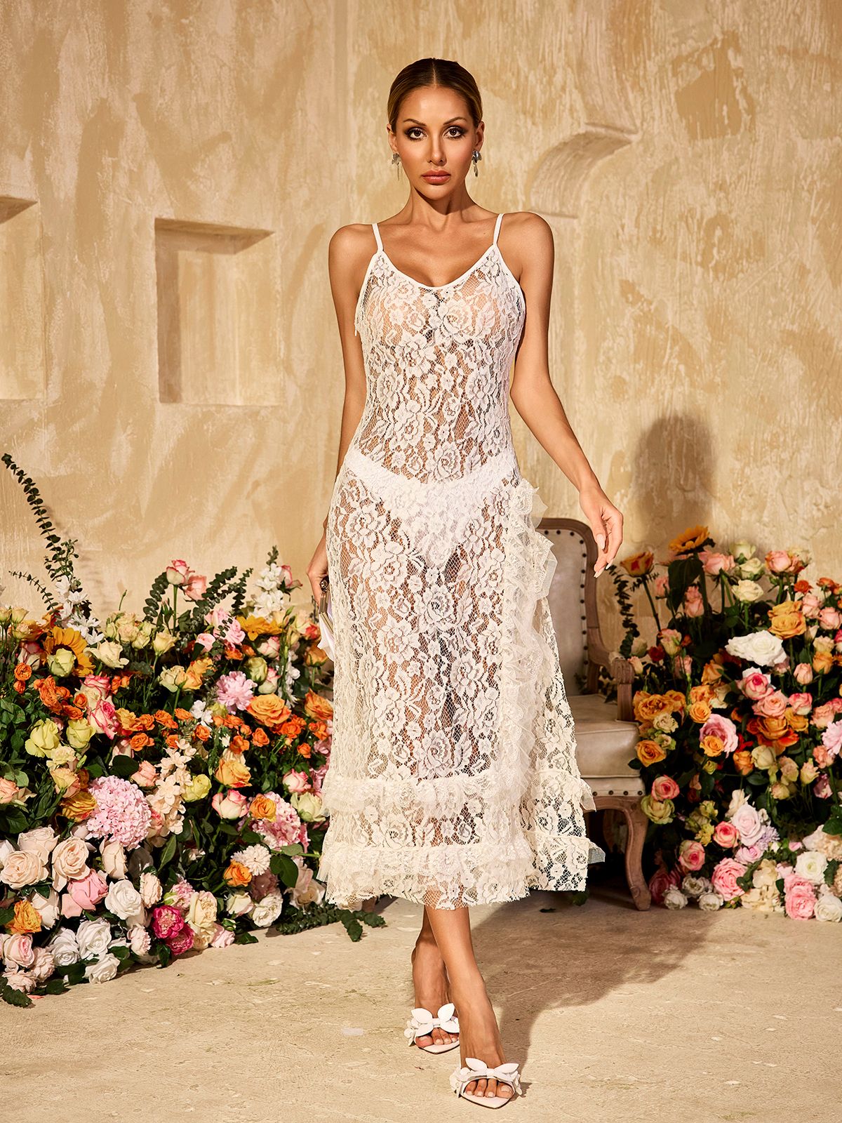 Spaghetti Floral Lace Midi Dress