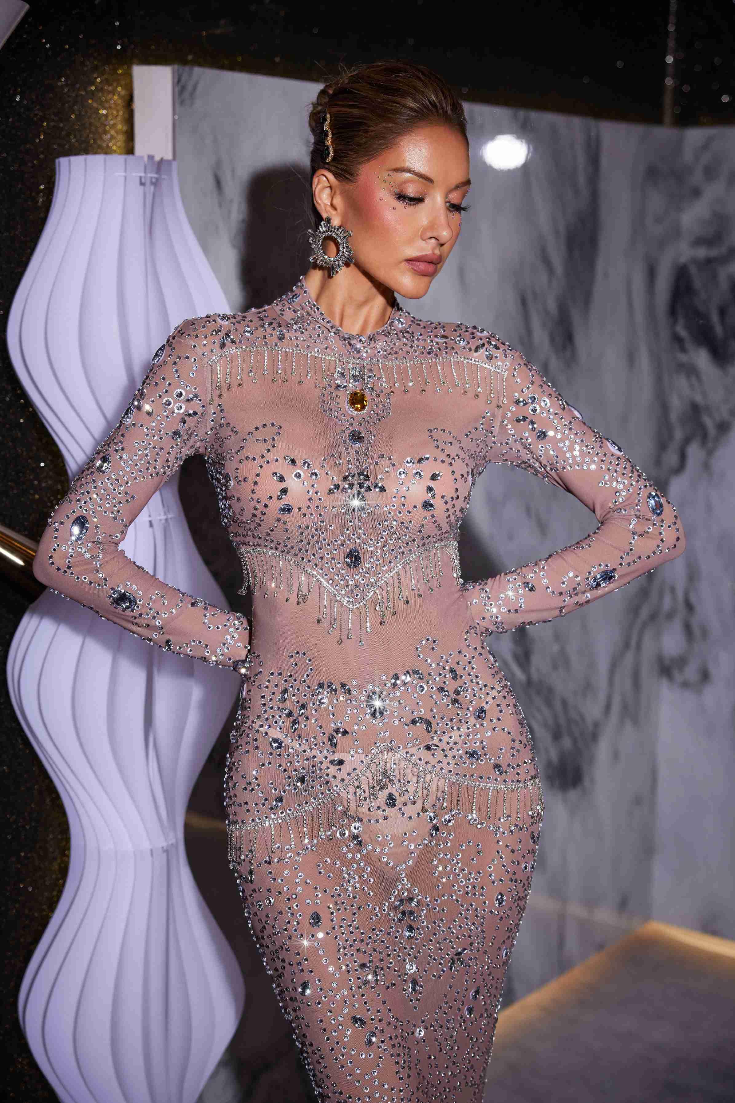 Rhinestone Fringe Mesh Maxi Dress